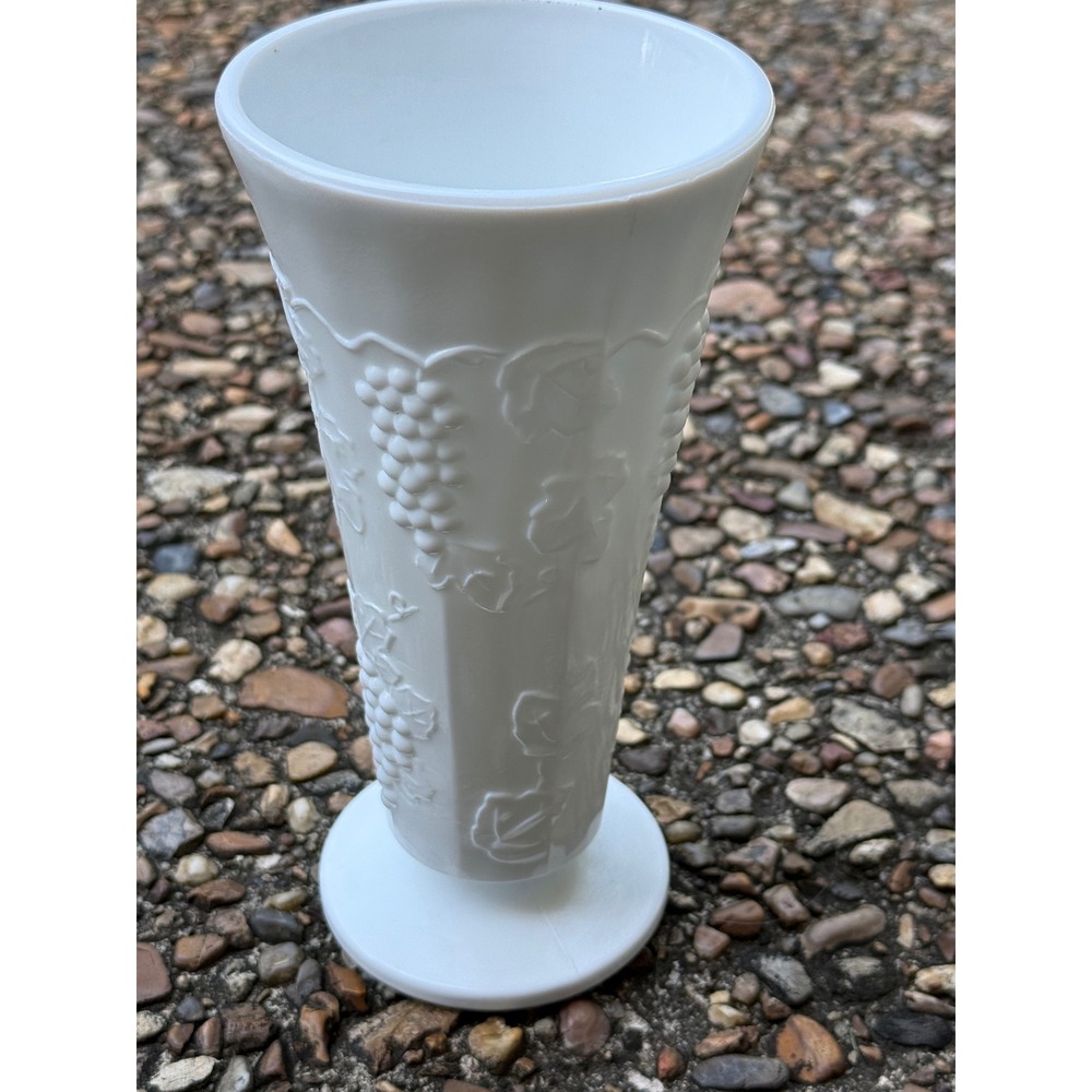 Vintage White Glass Bud Vase White Harvest Grape Paneled Footed Decor